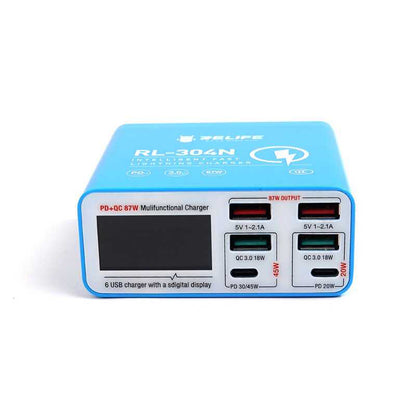 Ladestasjon Relife RL-304N, 87W, 3A, 2 x USB-C - 4 x USB-A, Blå