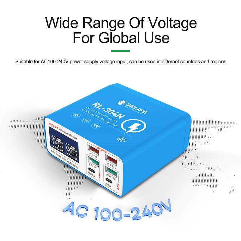 Ladestasjon Relife RL-304N, 87W, 3A, 2 x USB-C - 4 x USB-A, Blå