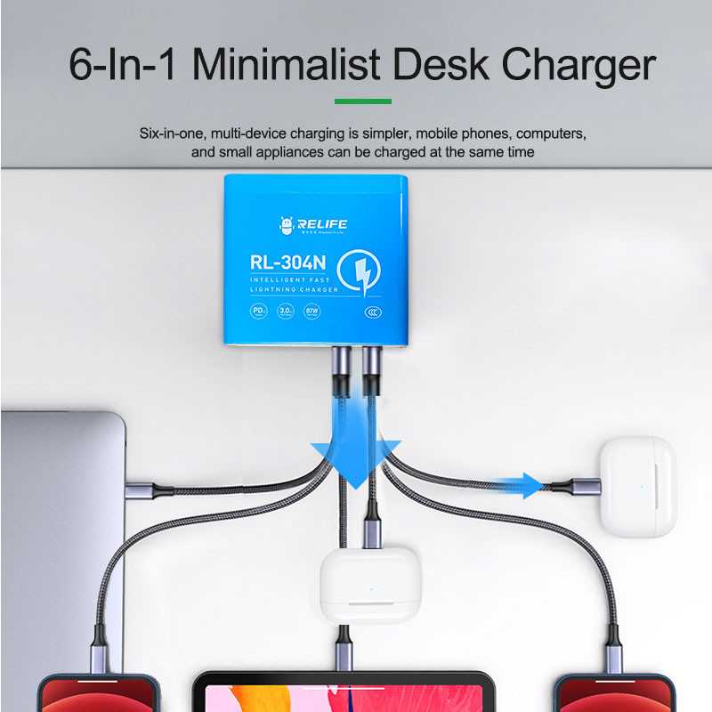 Ladestasjon Relife RL-304N, 87W, 3A, 2 x USB-C - 4 x USB-A, Blå
