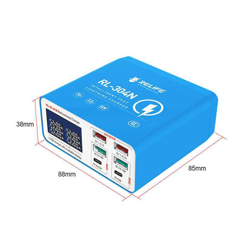Ladestasjon Relife RL-304N, 87W, 3A, 2 x USB-C - 4 x USB-A, Blå
