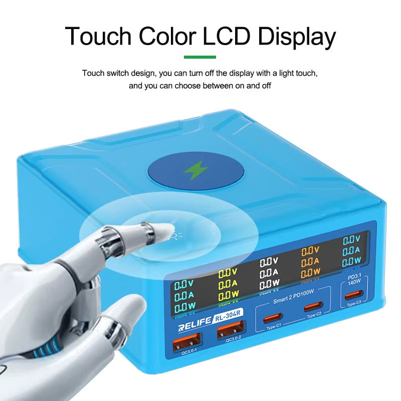 Ladestasjon Relife RL-304R QI, 260W, 3A, 2 x USB-A - 3 x USB-C, Blå