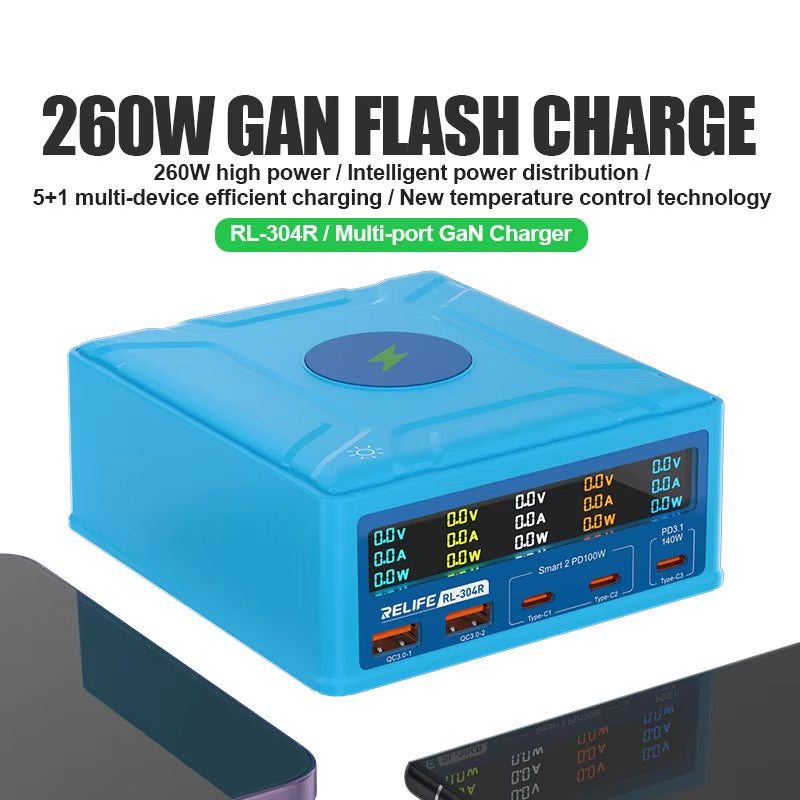 Ladestasjon Relife RL-304R QI, 260W, 3A, 2 x USB-A - 3 x USB-C, Blå