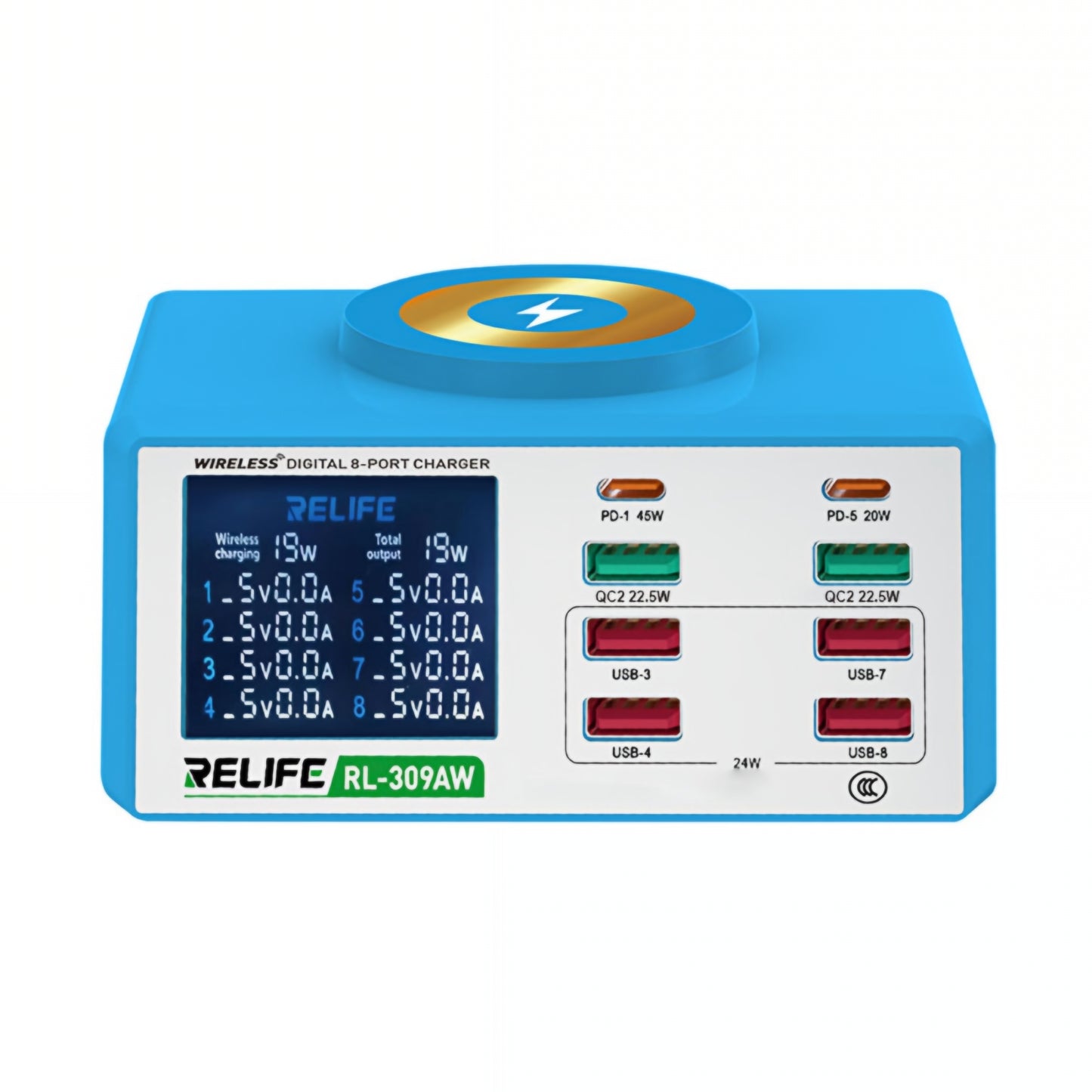 Ladestasjon Relife RL-309AW, 100W, 5A, 2 x USB-C - 6 x USB-A, Blå