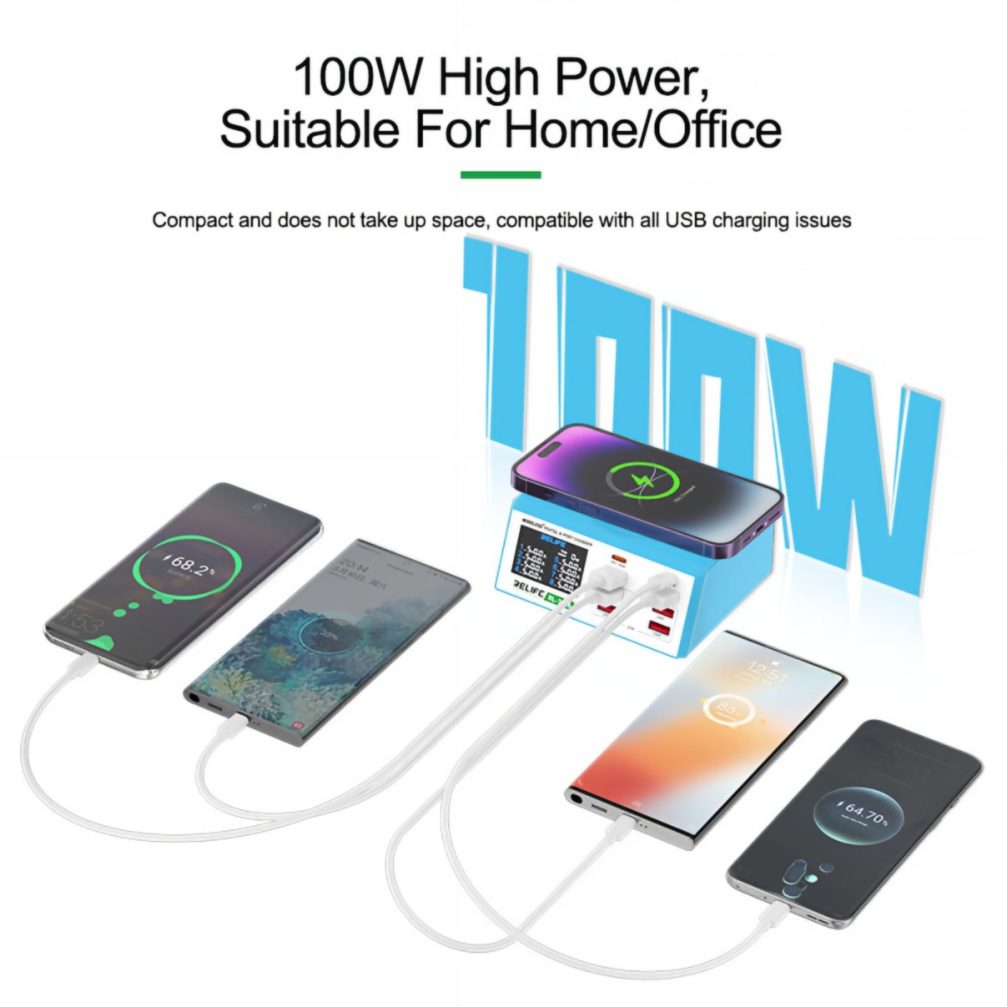 Ladestasjon Relife RL-309AW, 100W, 5A, 2 x USB-C - 6 x USB-A, Blå