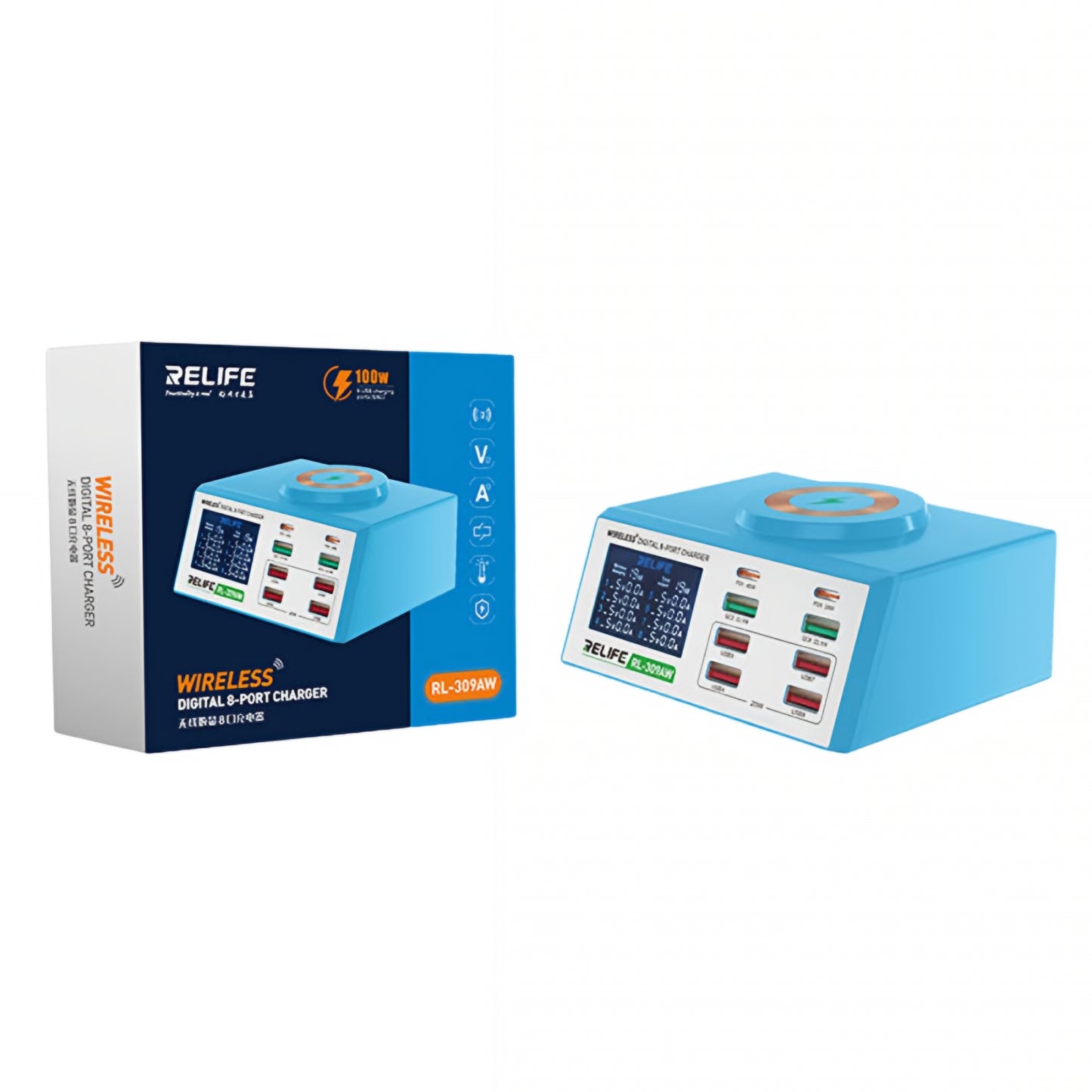 Ladestasjon Relife RL-309AW, 100W, 5A, 2 x USB-C - 6 x USB-A, Blå