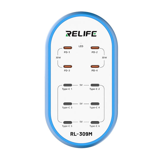 Relife RL-309M ladestasjon, 72W, 10 x USB-C, Blå