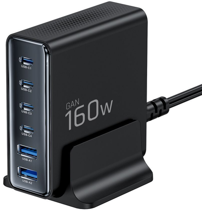 Ladestasjon Tech-Protect DC160W-GAN, 160W, 5A, 2 x USB-A - 4 x USB-C, Svart