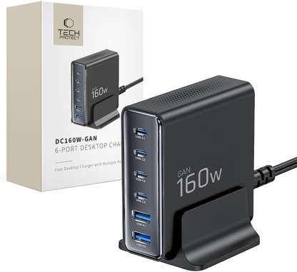 Ladestasjon Tech-Protect DC160W-GAN, 160W, 5A, 2 x USB-A - 4 x USB-C, Svart