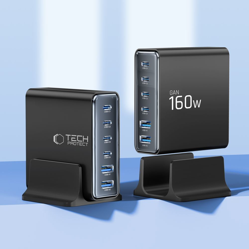 Ladestasjon Tech-Protect DC160W-GAN, 160W, 5A, 2 x USB-A - 4 x USB-C, Svart