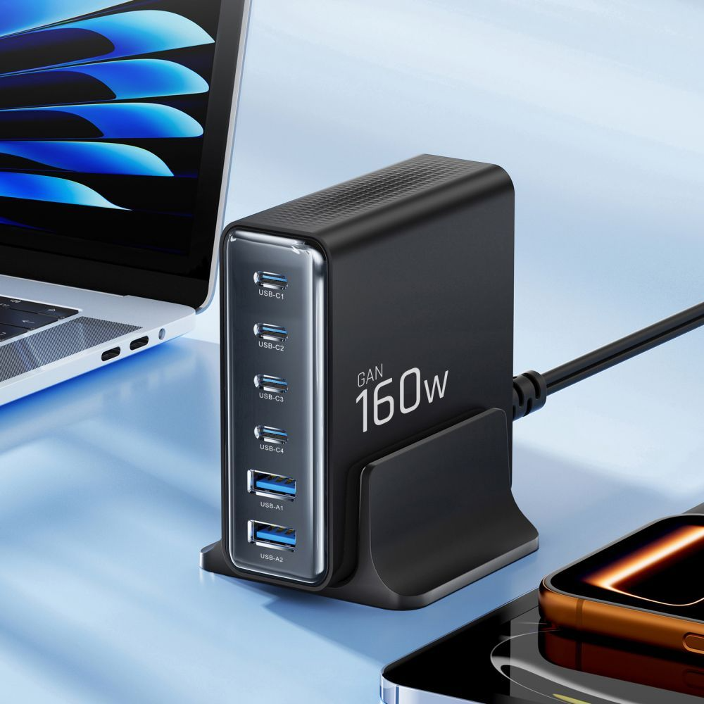 Ladestasjon Tech-Protect DC160W-GAN, 160W, 5A, 2 x USB-A - 4 x USB-C, Svart