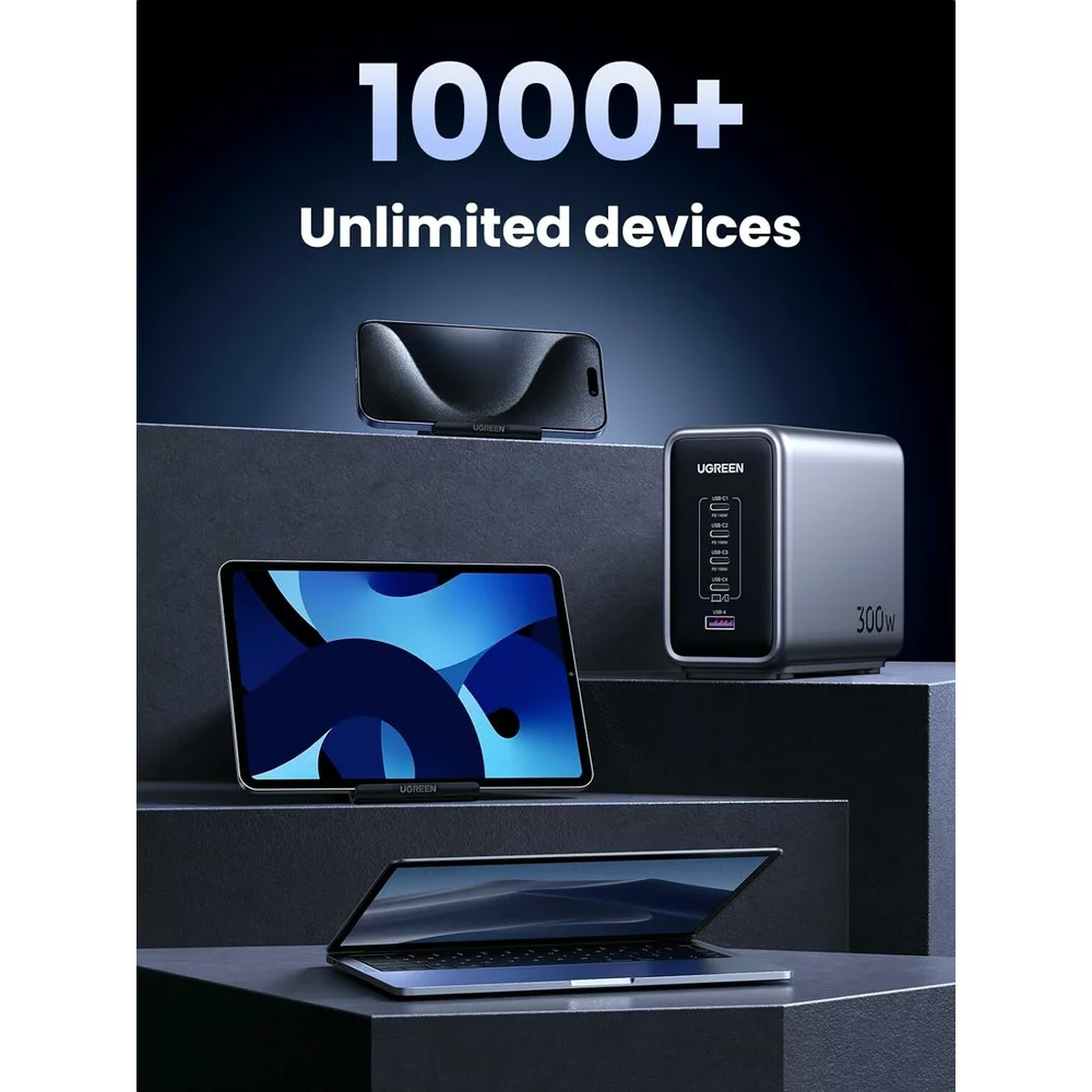 UGREEN CD333 Nexode Ladestasjon, 300W, 5A, 1 x USB-A - 4 x USB-C, Grå, Reselgert