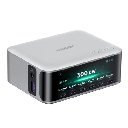 UGREEN Nexode Pro X783 (75753B) ladestasjon med display, 300 W, 5 A, 1 x USB-A – 6 x USB-C – 1 x DC, grå