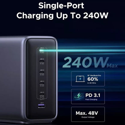 UGREEN Nexode X759 ladestasjon (55550B), 500W, 5A, 1 x USB-A - 5 x USB-C, Grå