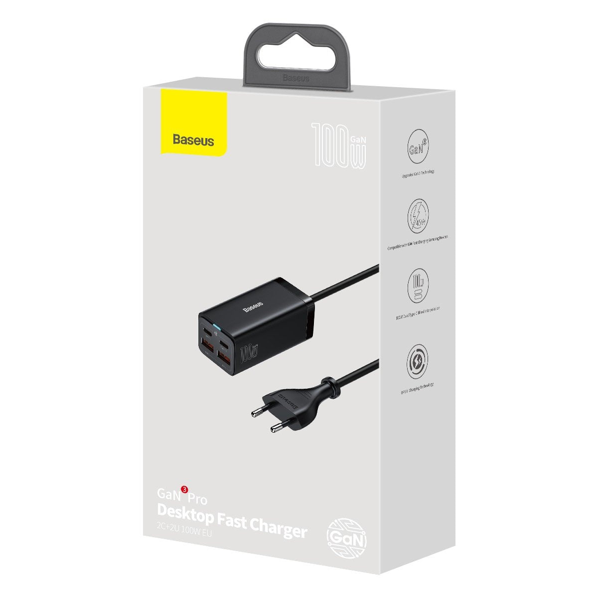 USB-C Baseus GaN3 Pro ladestasjon, 100W, 5A, 2 x USB-A - 2 x USB-C, Svart, Reseglet CCGP000101