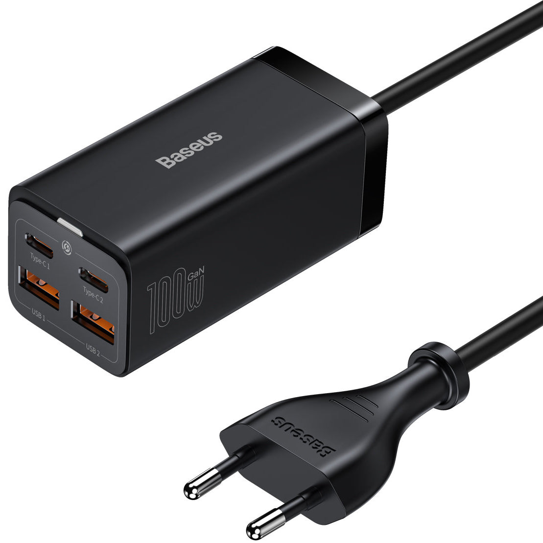 USB-C Baseus GaN3 Pro ladestasjon, 100W, 5A, 2 x USB-A - 2 x USB-C, Svart, Reseglet CCGP000101