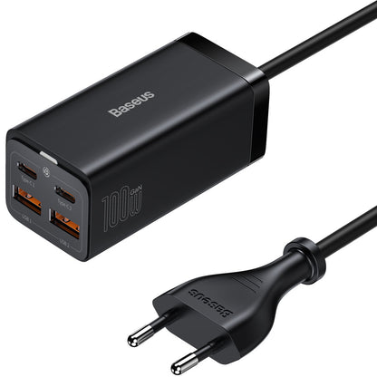 USB-C Baseus GaN3 Pro ladestasjon, 100W, 5A, 2 x USB-A - 2 x USB-C, Svart, Reseglet CCGP000101