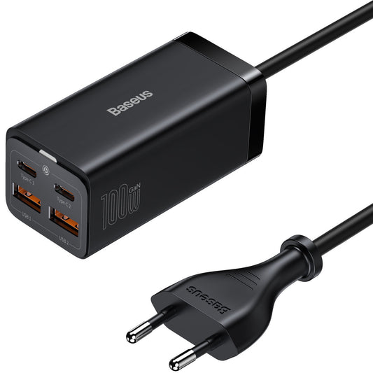 USB-C Baseus GaN3 Pro ladestasjon, 100W, 5A, 2 x USB-A - 2 x USB-C, Svart, Reseglet CCGP000101