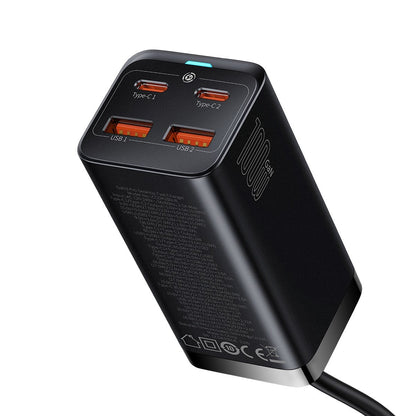 USB-C Baseus GaN3 Pro ladestasjon, 100W, 5A, 2 x USB-A - 2 x USB-C, Svart, Reseglet CCGP000101