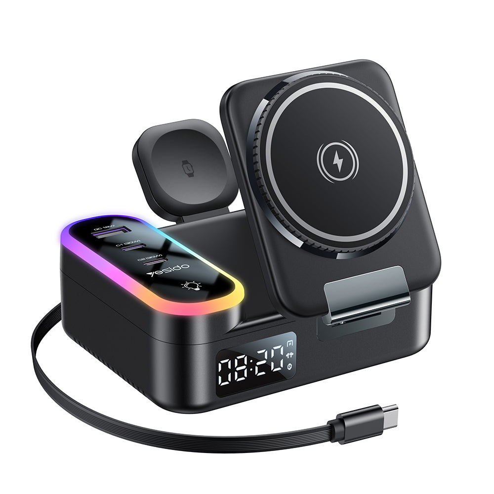Ladestasjon Yesido DS38 Display QI 3in1, 65W, 3A, 1 x USB-A - 2 x USB-C, Svart
