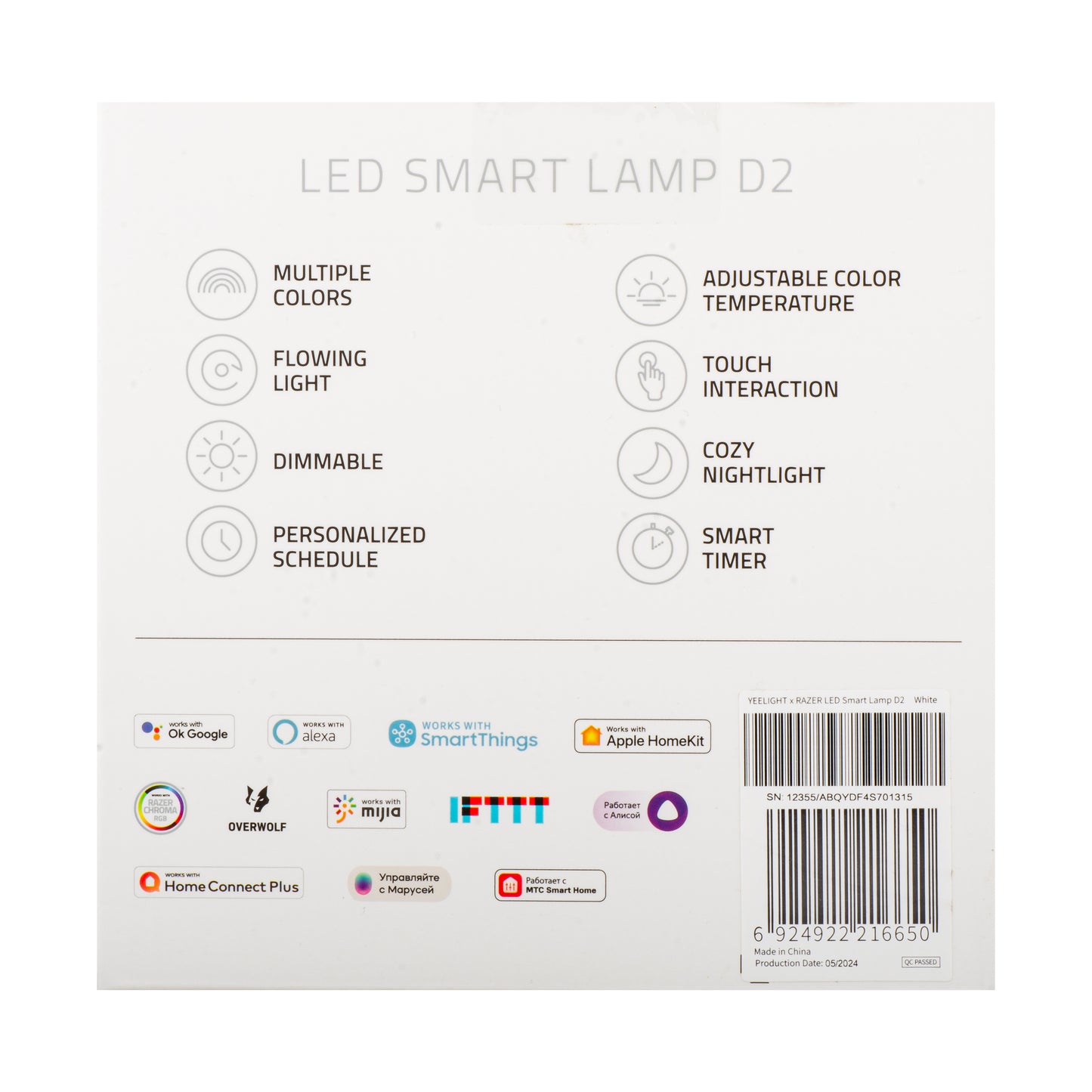 Yeelight D2 LED-nattlampe fra Razer, Wi-Fi, 5W, 1700K - 6500K, 240lm, RGB, Hvit, Resealed YLCT01YL