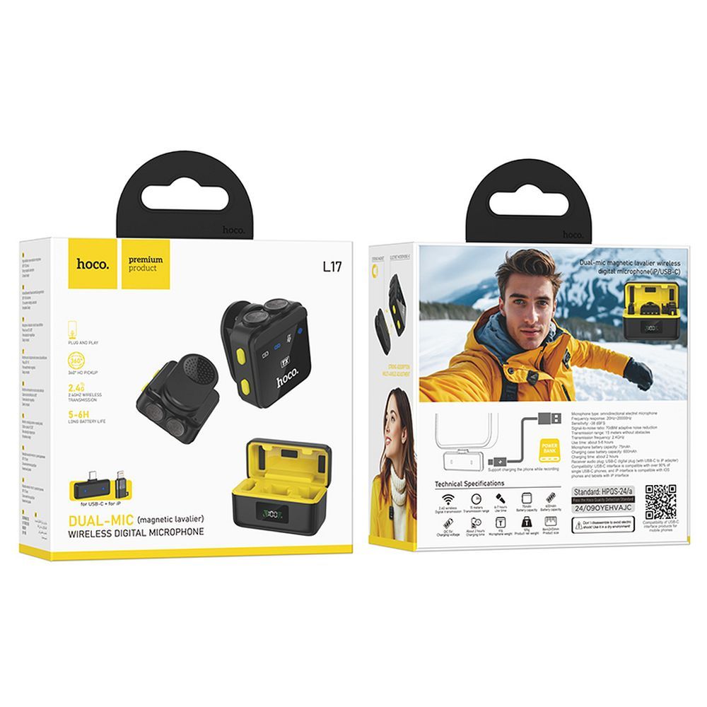 Lavaliermikrofon HOCO L17, USB-C / Lightning, Sett med 2 stykker, Svart