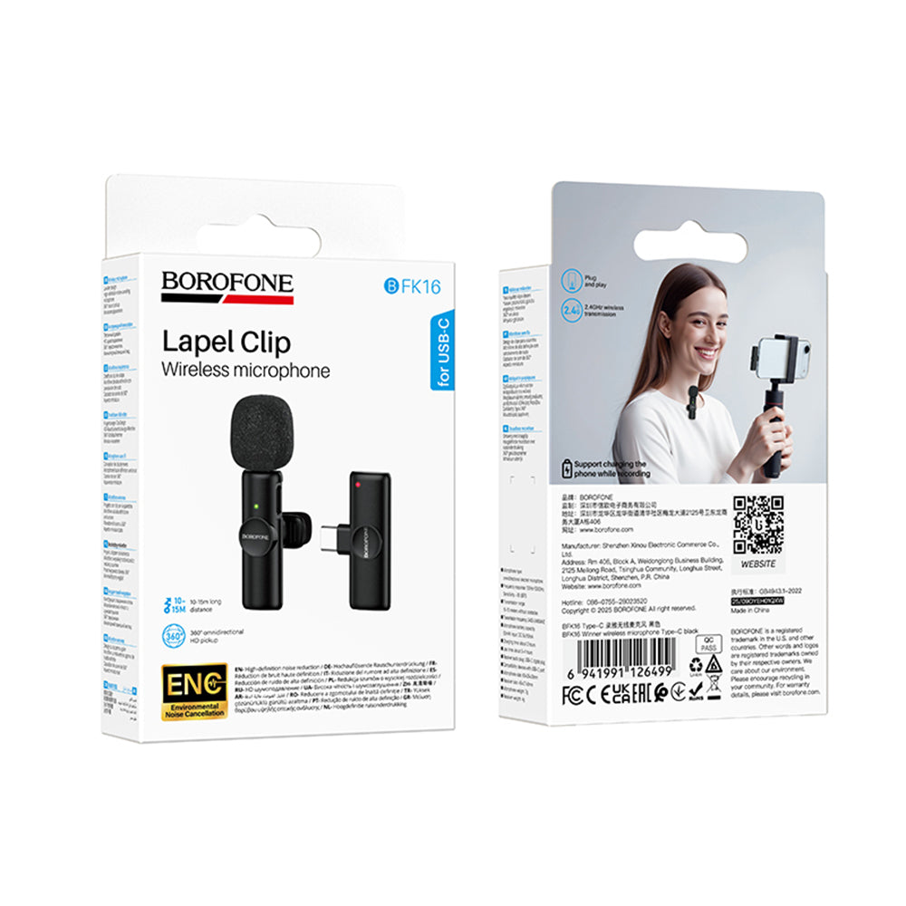 Lavaliermikrofon Borofone BFK16 Winner, USB-C, Svart