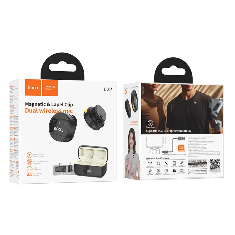 Lavaliermikrofon HOCO L22, USB-C / Lightning, Sett med 2 stykker, Svart