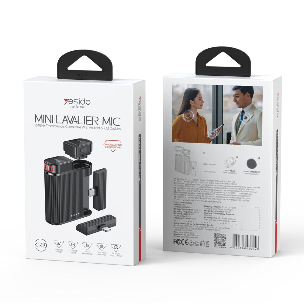 Lavaliermikrofon Yesido KR19, USB-C / Lightning, Sett med 2 stykker, Svart