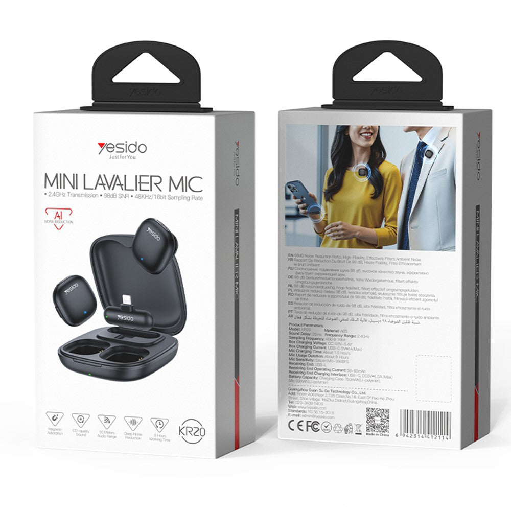Lavaliermikrofon Yesido KR20, Lightning, sett med 2 stykker, svart