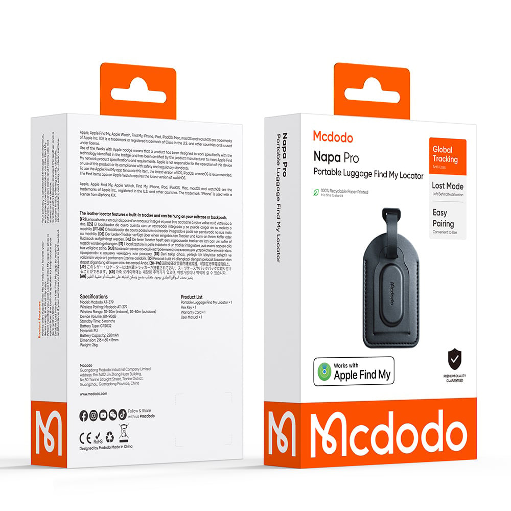 Mcdodo SmartTag Bagasje Napa Pro AT-3790 for iOS-serien, Svart