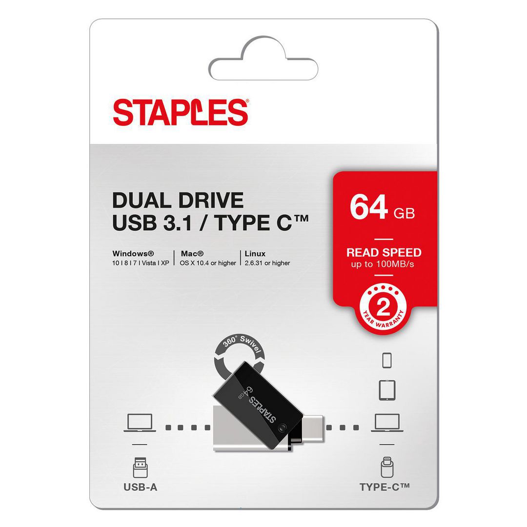 Ekstern Minne USB-A 3.1 / USB-C Staples K23, 64Gb EKMMD64GK233CST