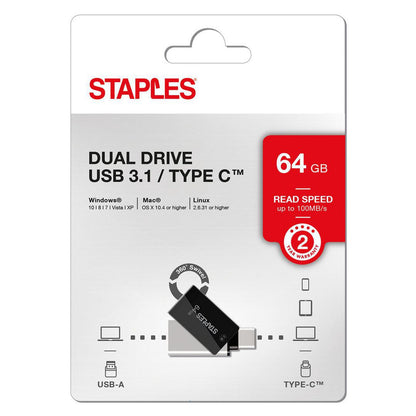 Ekstern Minne USB-A 3.1 / USB-C Staples K23, 64Gb EKMMD64GK233CST