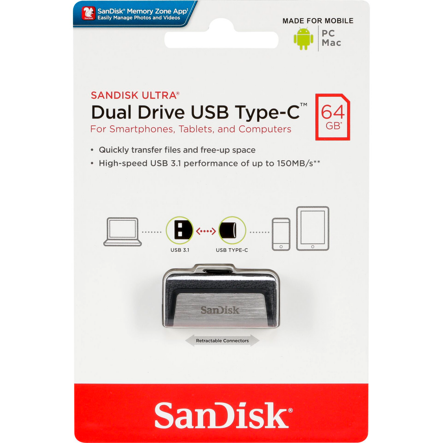 Ekstern Minne USB-A 3.1 / USB-C SanDisk Ultra Dual Drive, 64Gb SDDDC2-064G-G46