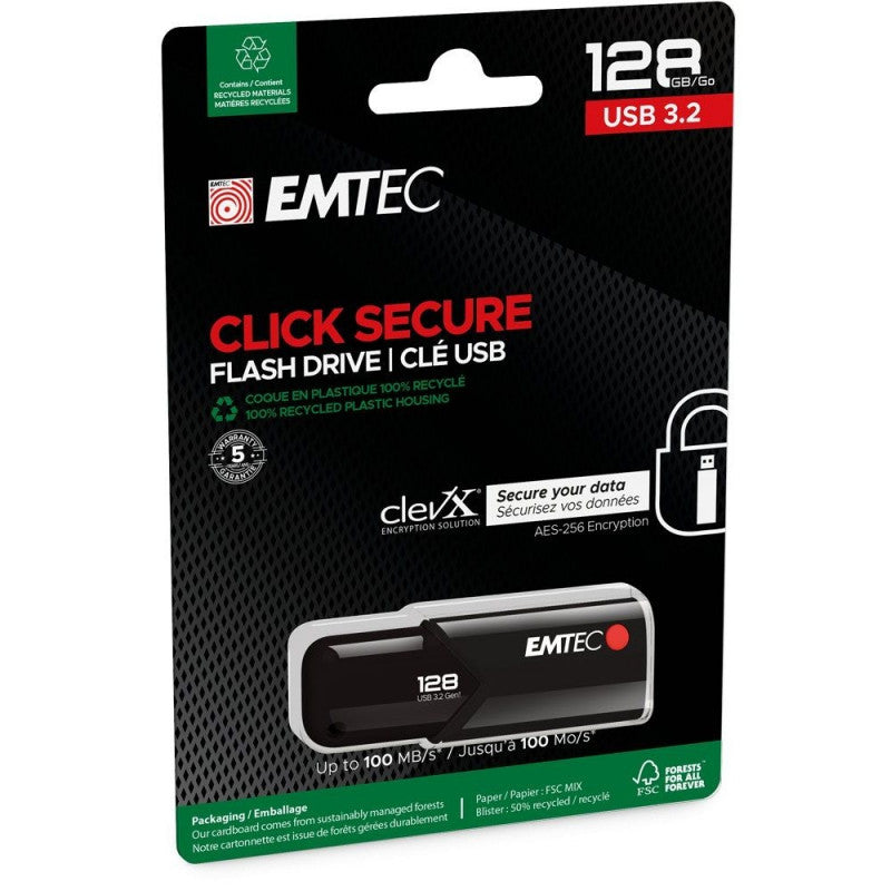 Ekstern Minne USB-A 3.2 Emtec B120 Click Secure, 128Gb ECMMD128GB123