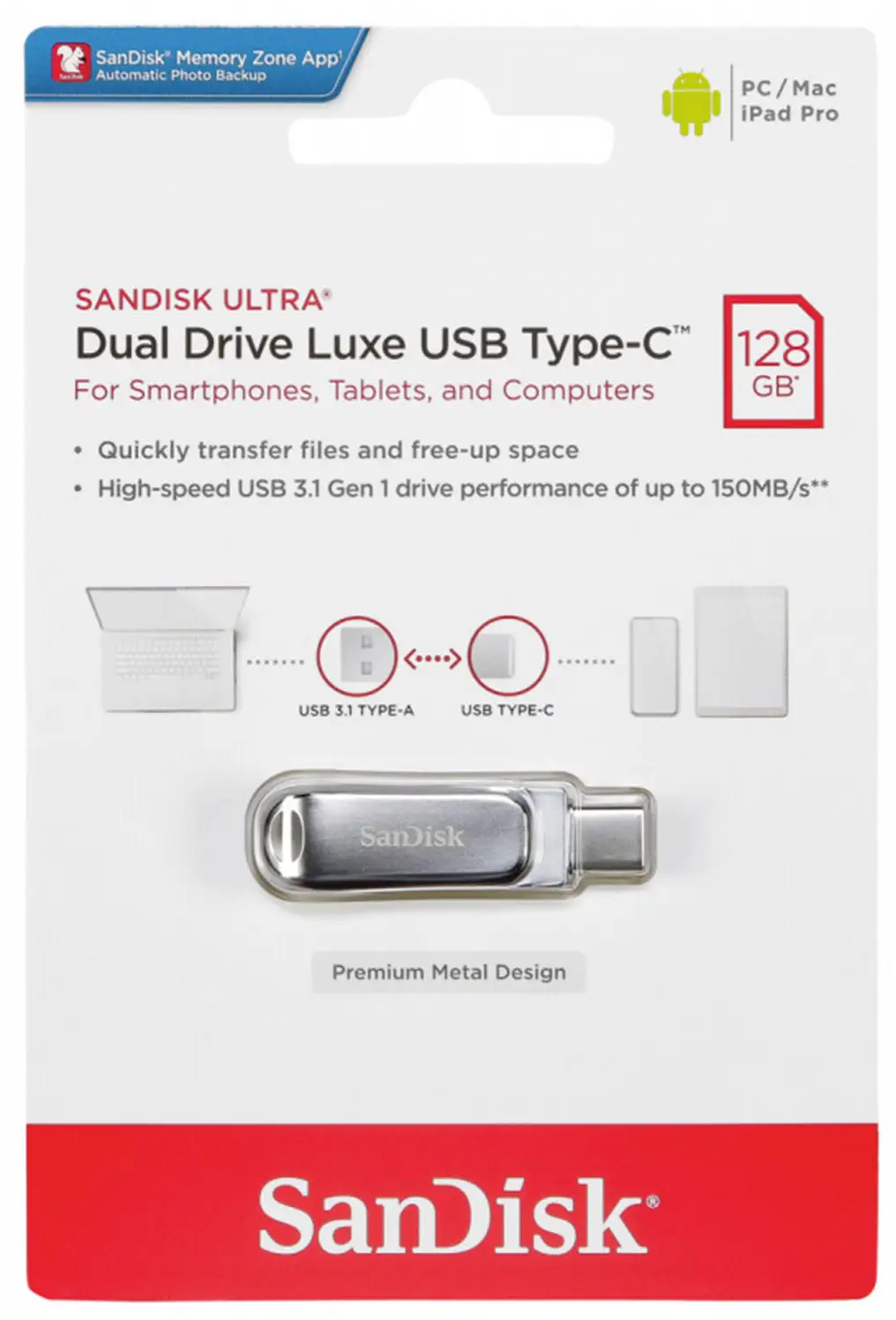 Ekstern lagring USB-A 3.2 / USB-C SanDisk Ultra Luxe Dual Drive, 128Gb SDDDC4-128G-G46