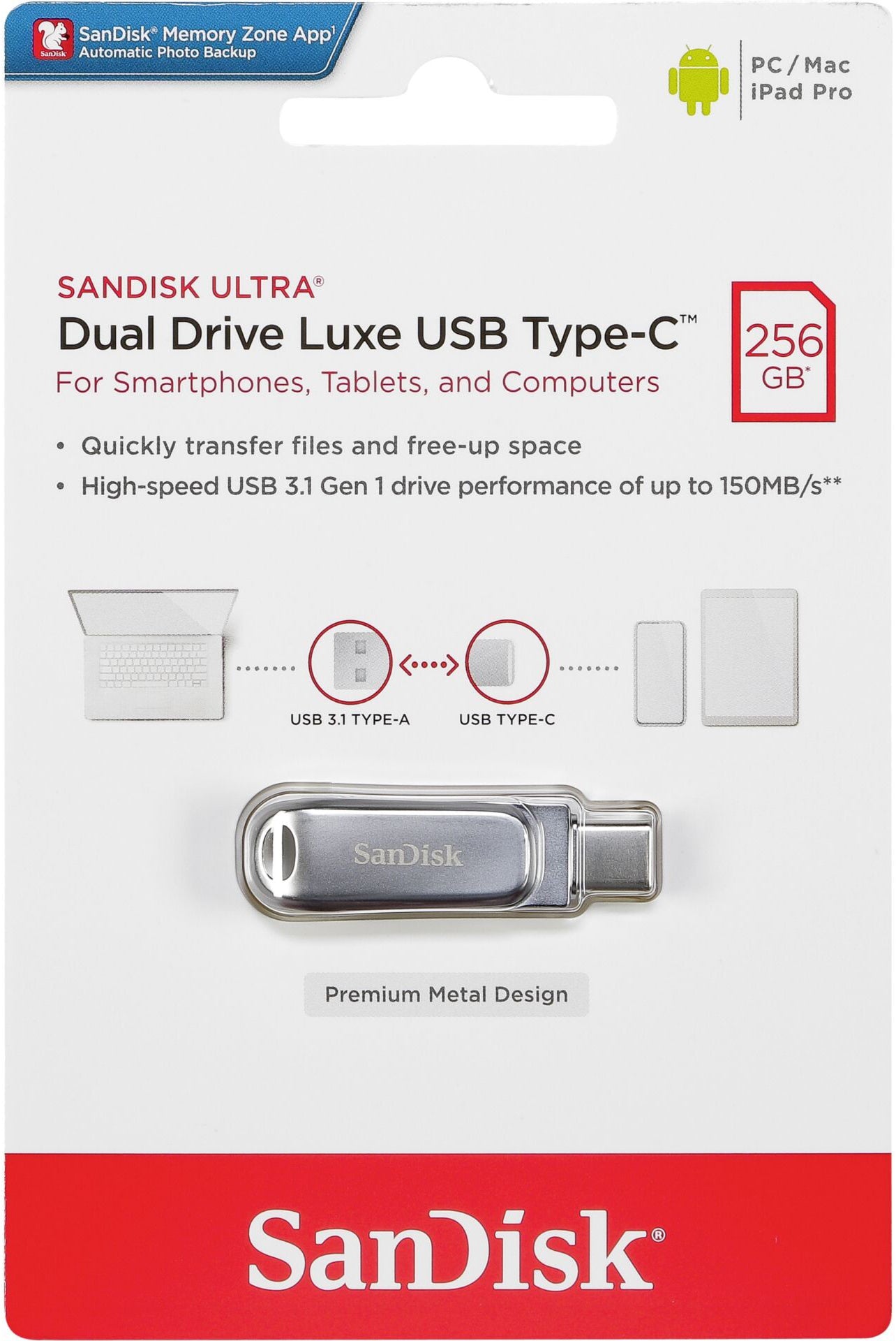 Ekstern lagring USB-A 3.2 / USB-C SanDisk Ultra Luxe Dual Drive, 256Gb SDDDC4-256G-G46