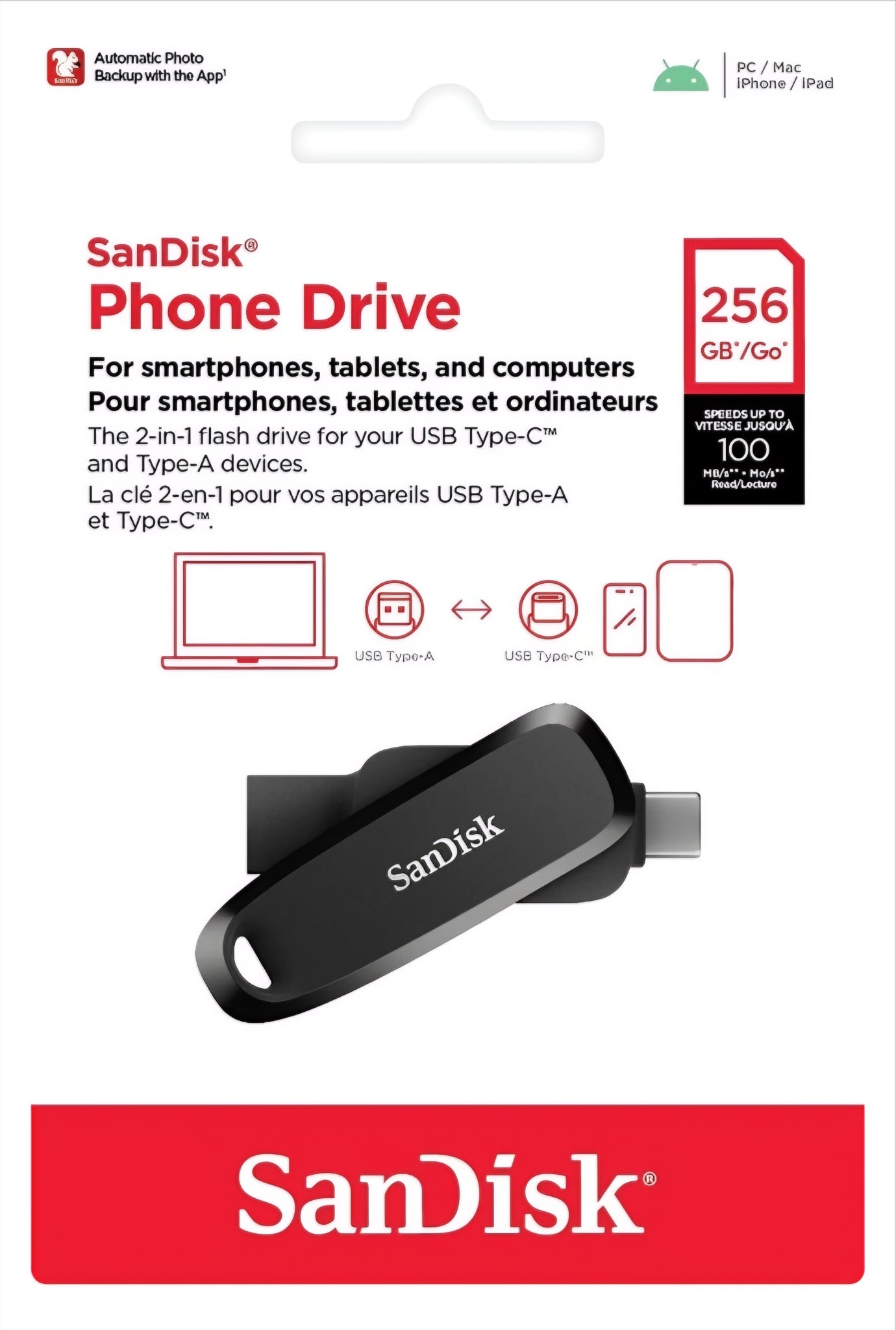 Ekstern Minne USB-A 3.2 / USB-C SanDisk Phone Drive, 256Gb SDDDC6-256G-G46