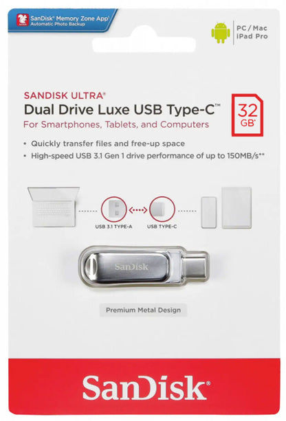 Ekstern Minne USB-A 3.2 / USB-C SanDisk Ultra Luxe Dual Drive, 32Gb SDDDC4-032G-G46