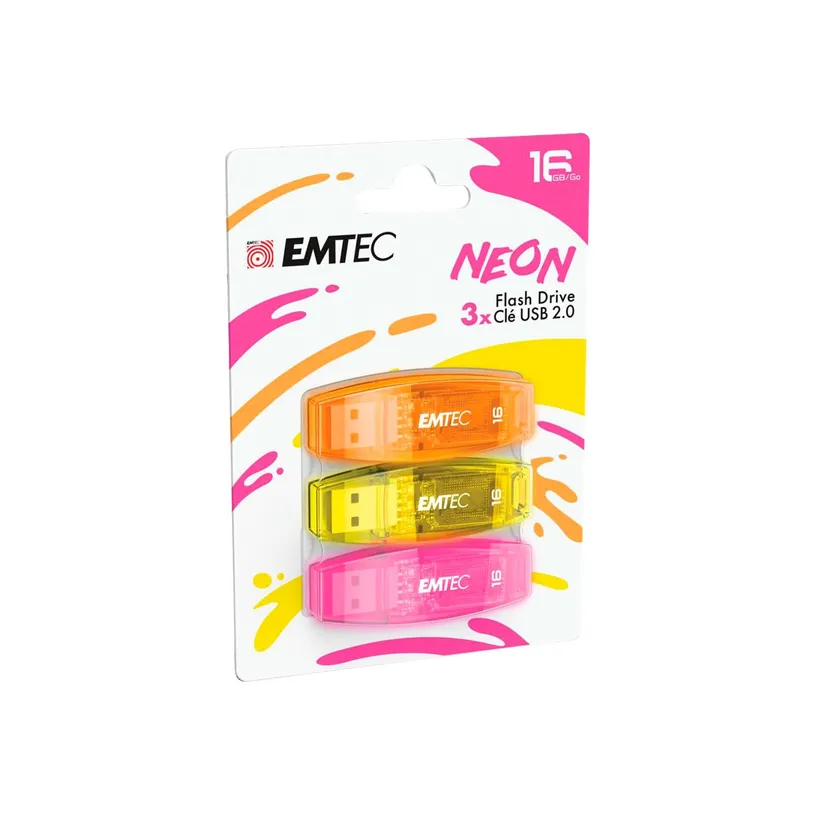 Ekstern USB-A-minne Emtec C410 Neon, 16GB, sett med 3 stykker ECMMD16GC41