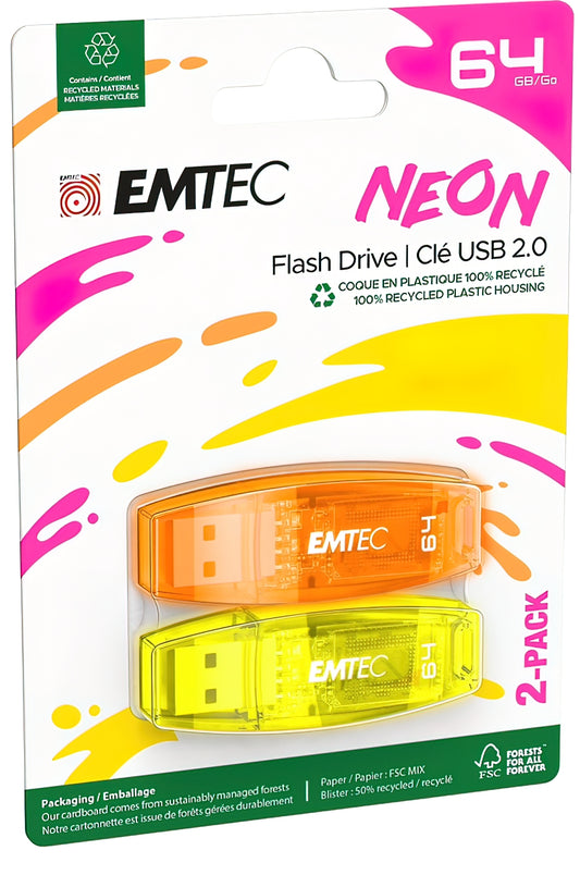 Ekstern USB-A-minne Emtec C410 Neon, 64Gb, Sett med 2 stykker ECMMD64GC41