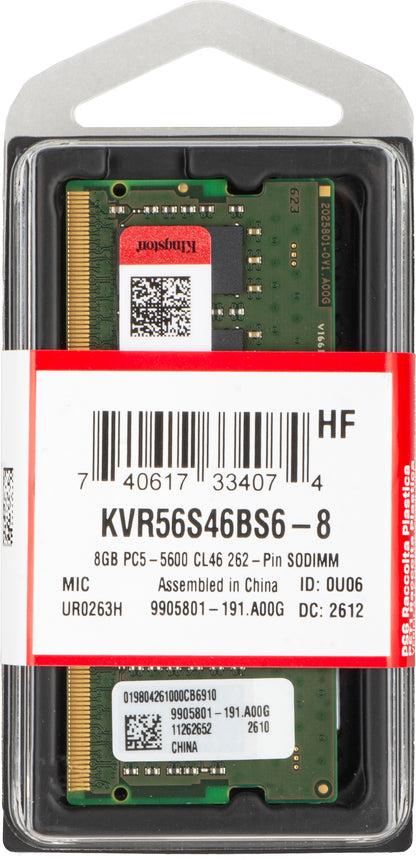 Kingston RAM-minne, DDR5 SODIMM, 8GB, 5600Mhz KVR56S46BS6-8