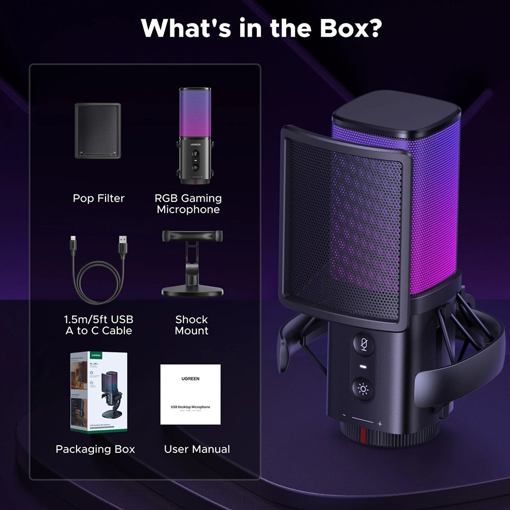 Kardioidmikrofon UGREEN CM581 (65629), RGB, USB-C, 1.5m, Svart