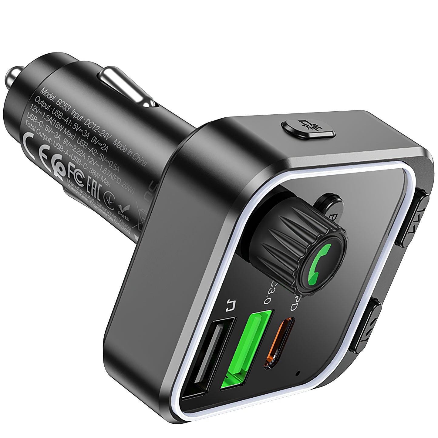 BC53 Highway Bluetooth FM-modulator, 2 x USB-A - 1 x USB-C 