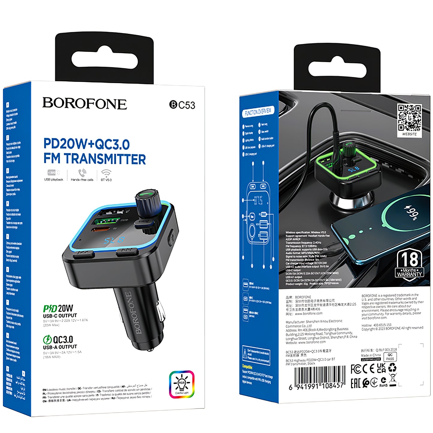 BC53 Highway Bluetooth FM-modulator, 2 x USB-A - 1 x USB-C 