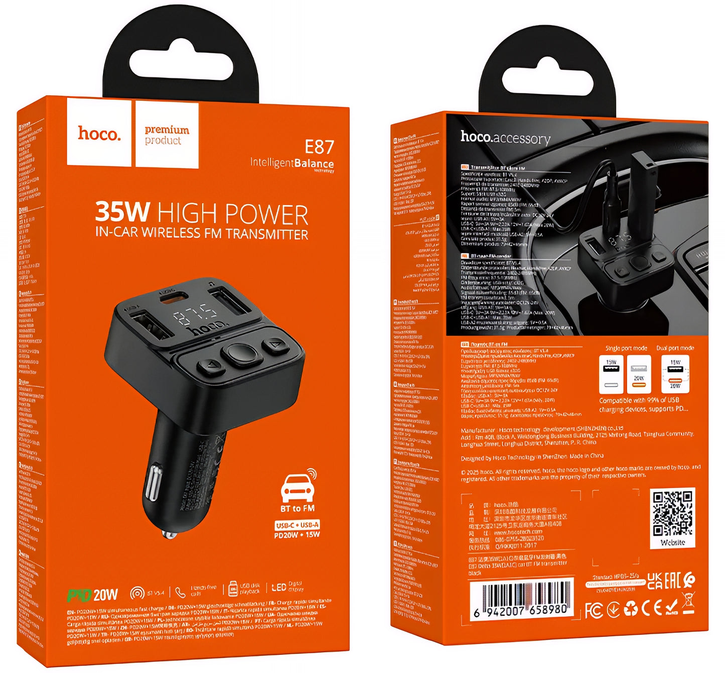 FM Bluetooth-modulator HOCO E87, 2 x USB-A - 1 x USB-C
