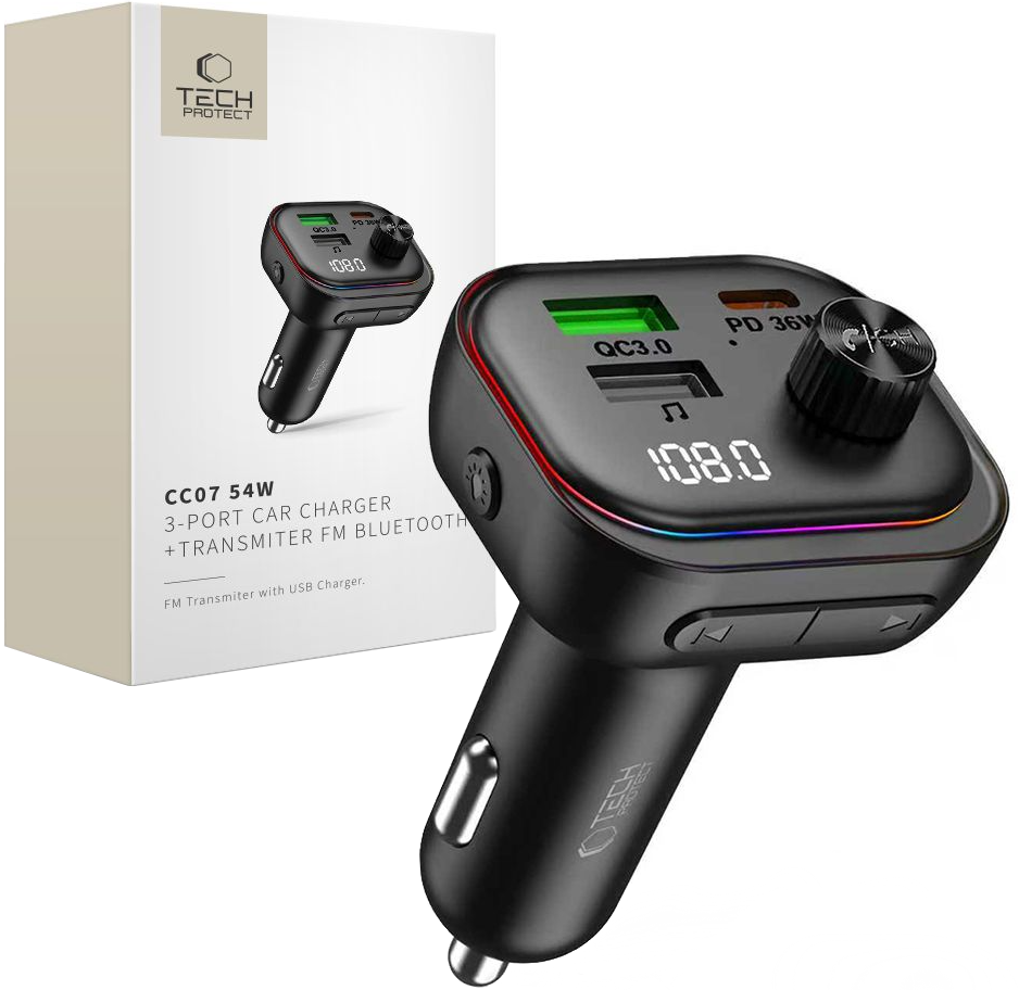 FM-modulator Bluetooth Tech-Protect CC07, 2 x USB-A - 1 x USB-C