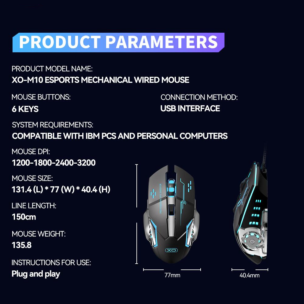 Gamingmus Kablet USB XO Design M10, RGB, 3200DPI, Svart