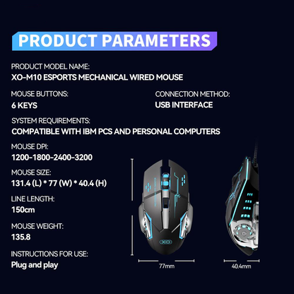 Gamingmus Kablet USB XO Design M10, RGB, 3200DPI, Svart