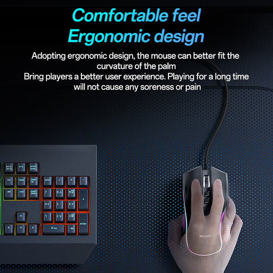 Gamingmus med kabel USB Yesido KB20, RGB, 1000DPI - 7200DPI, Svart