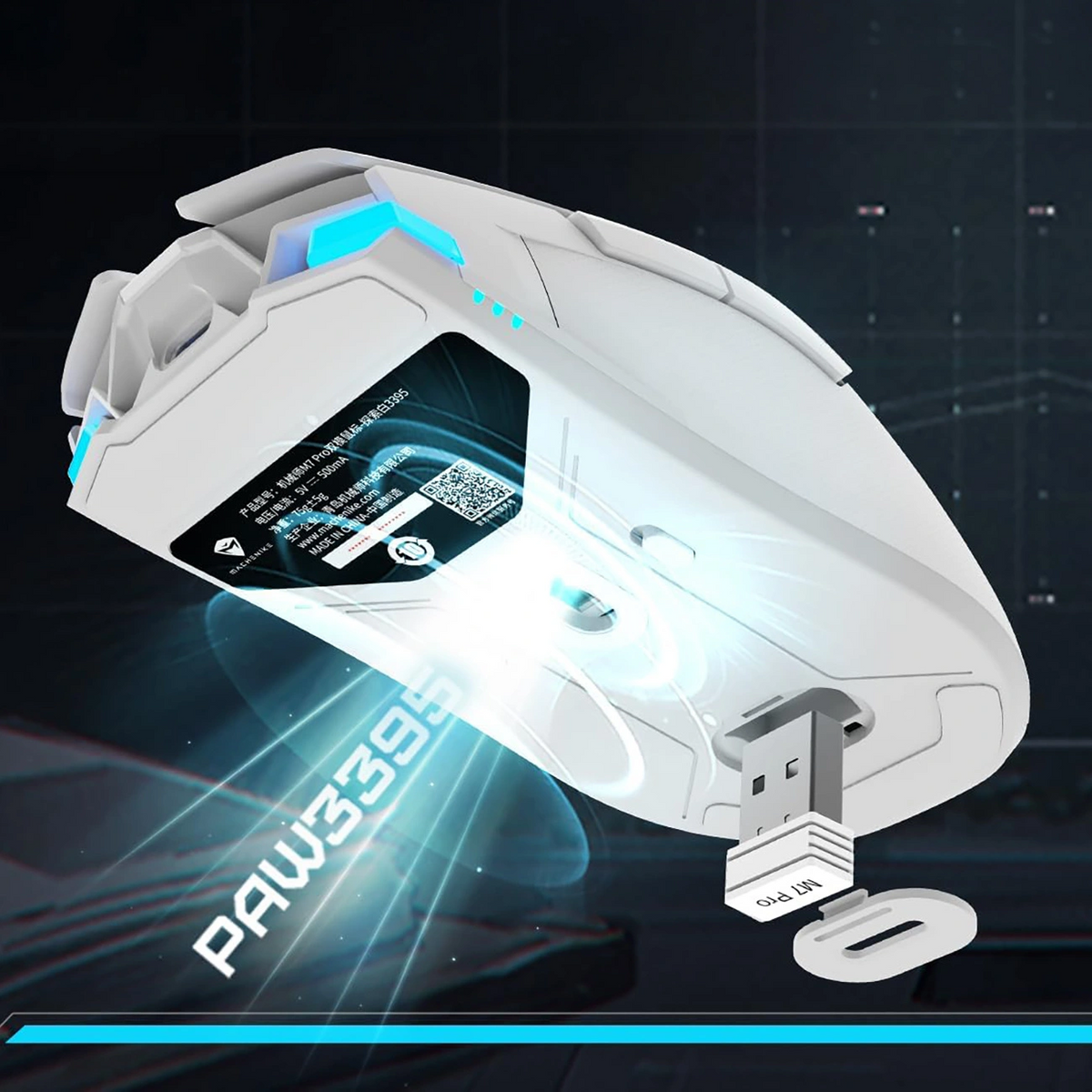 Trådløs gamingmus Machenike M7 Pro, RGB, 1000 DPI–26000 DPI, hvit